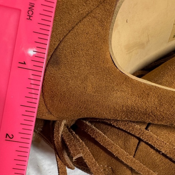 Express Brown Suede Leather Fringe Peep Toe Heeled Boho Western Booties Size 9 - Picture 10 of 11